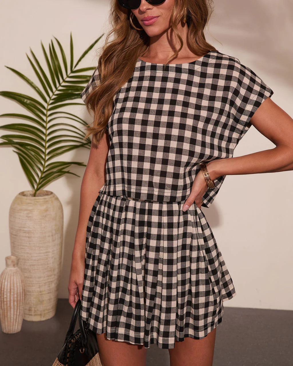 Velmiah Pleated Gingham Print Mini Skirt - Image 5