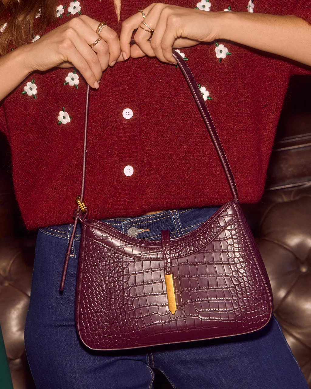 Verah Vegan Leather Croc Embossed Shoulder Bag - Image 4