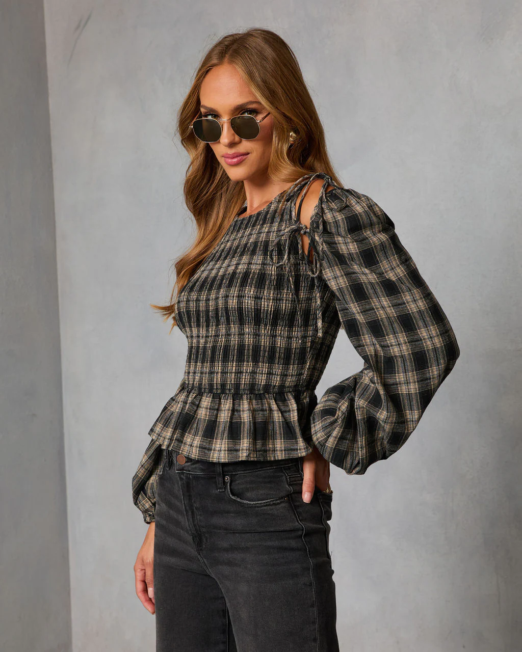 Veralie Smocked Plaid Peplum Top - Image 3