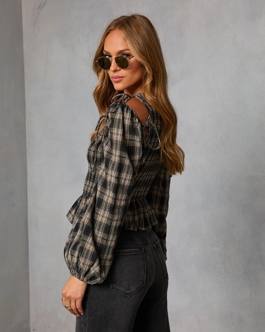 Veralie Smocked Plaid Peplum Top - Image 4
