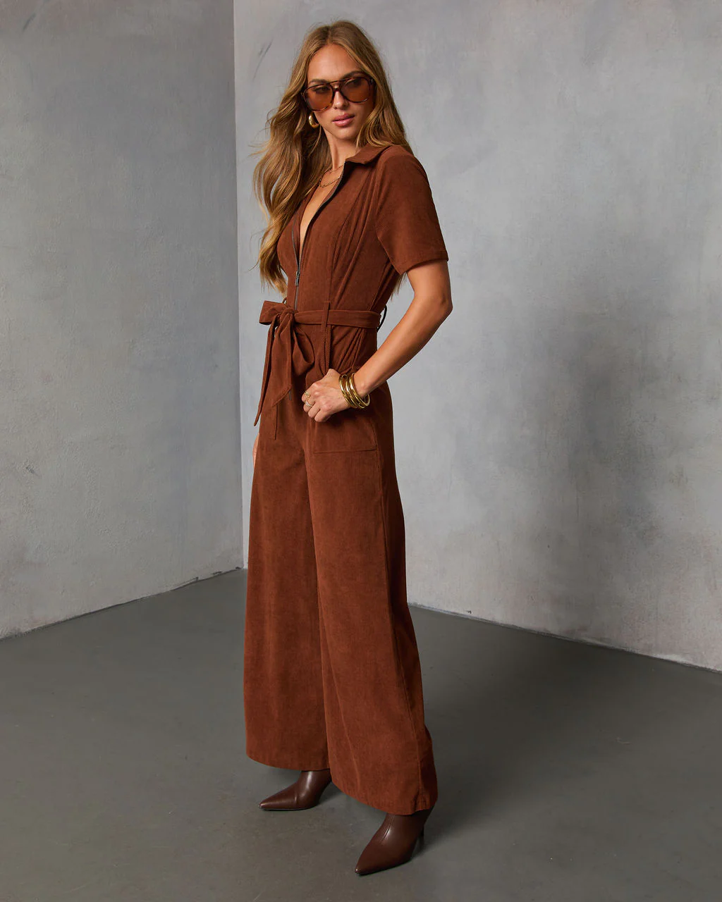 Warm Rust Tie Waist Corduroy Jumpsuit - Image 3