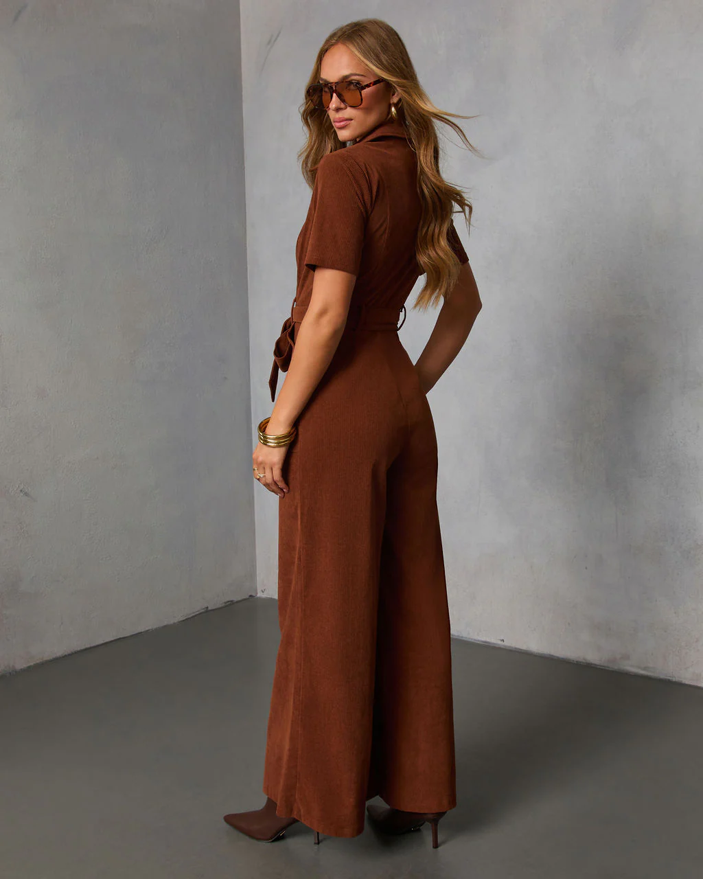 Warm Rust Tie Waist Corduroy Jumpsuit - Image 4