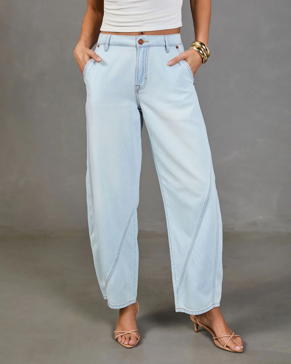 Washed Light Rigid Mid Rise Barrel Leg Jeans - Image 2