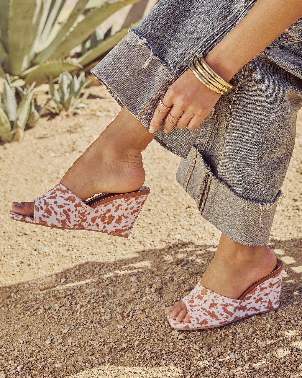 Western Hide Cow Print Wedge Mules - Image 5