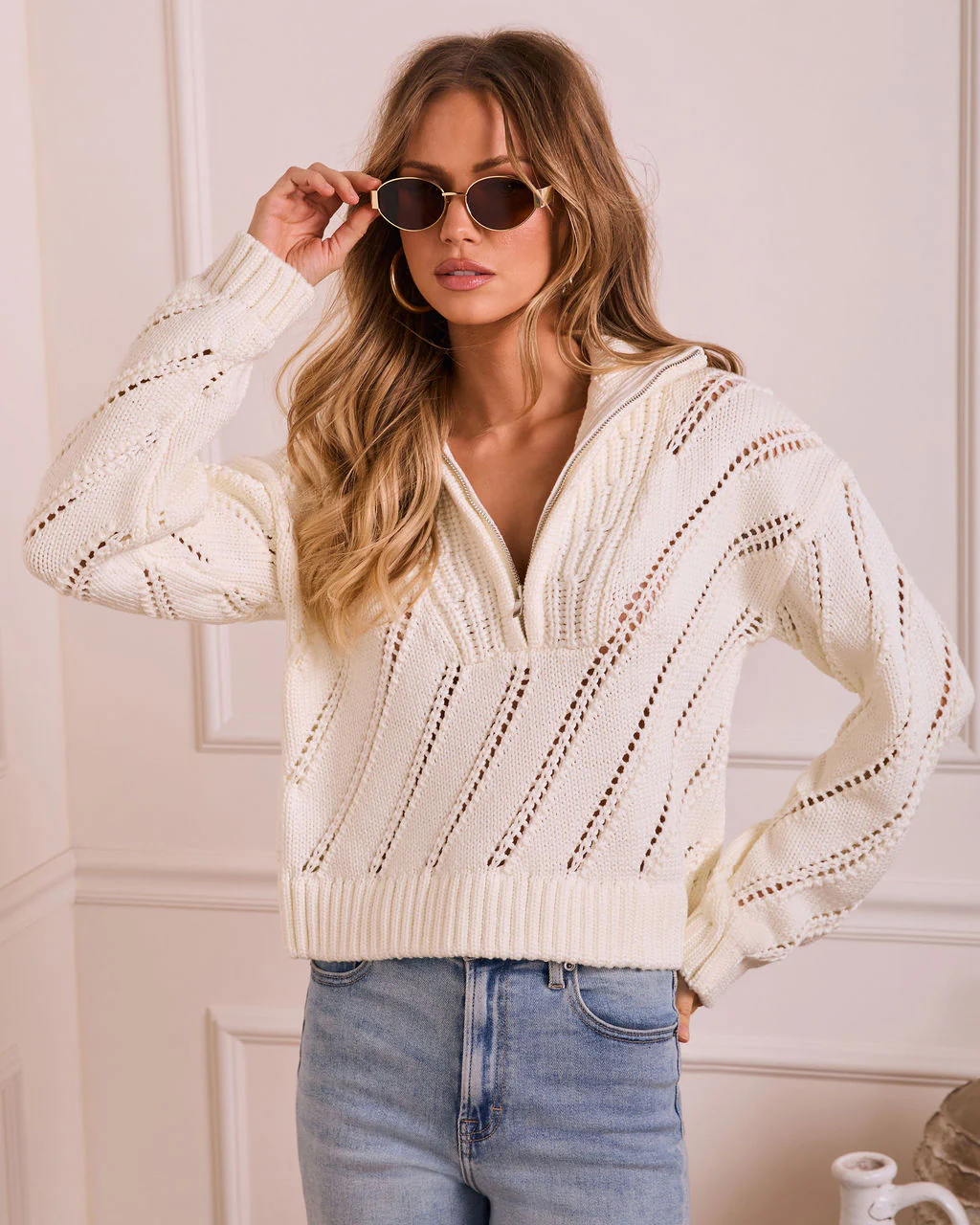 White Dawn Knit Quarter Zip Sweater - Image 5