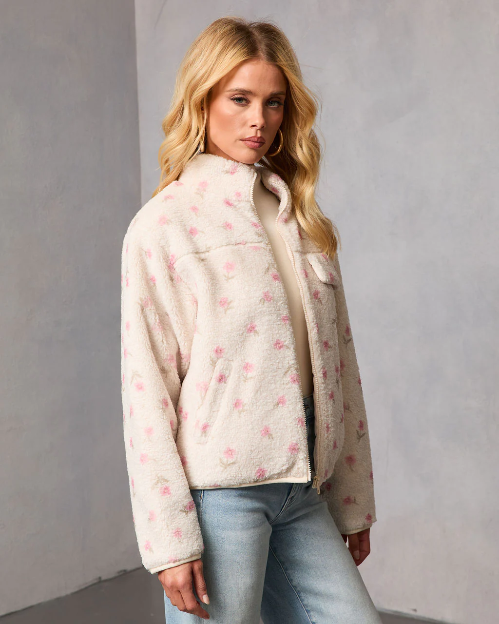 Winter Petal Printed Teddy Jacket - Image 3