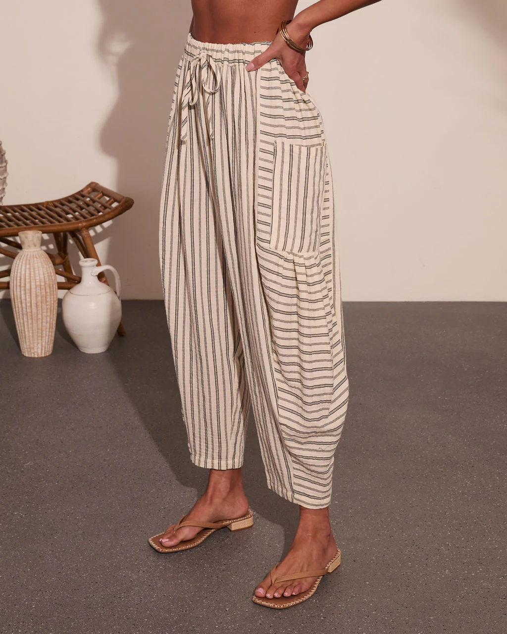 Yacht Day Striped Drawstring Cotton Wide Leg Pants - Image 3