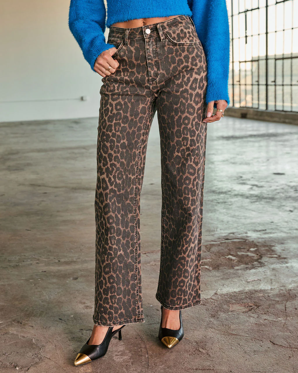 Yaron Stretch High Rise Straight Leg Leopard Print Jeans - Image 3