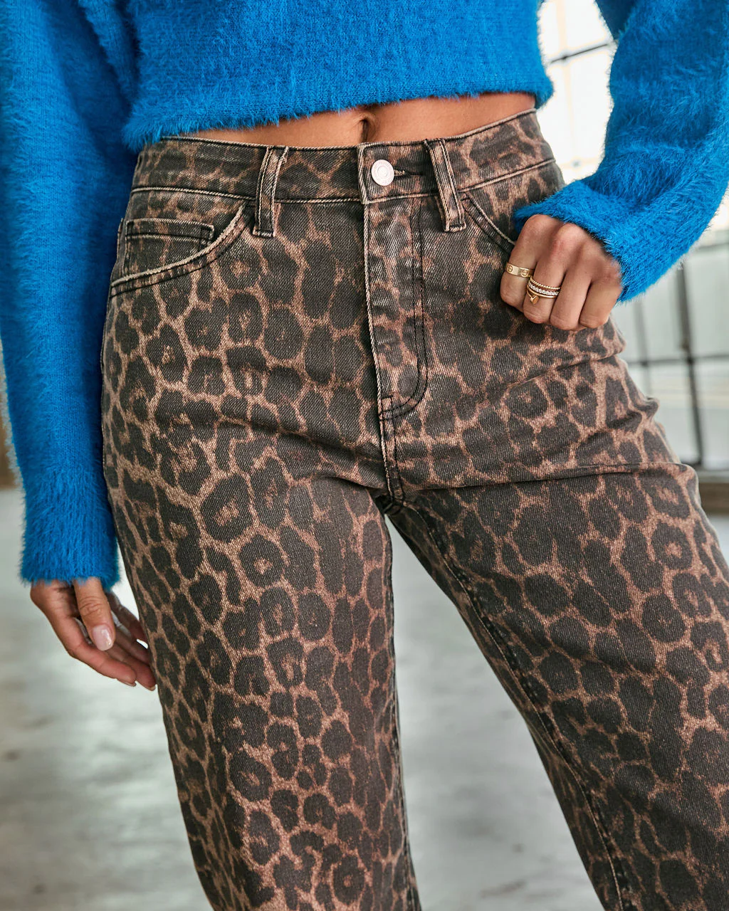 Yaron Stretch High Rise Straight Leg Leopard Print Jeans - Image 6